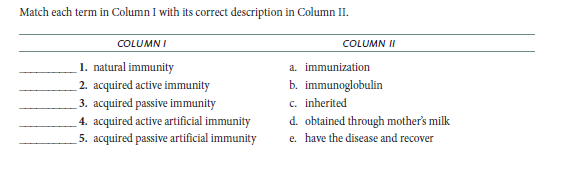 Match each term in Column I with its correct description in Column II.
COLUMN I
COLUMN II
1. natural immunity
a. immunization
2. acquired active immunity
3. acquired passive immunity
4. acquired active artificial immunity
5. acquired passive artificial immunity
b. immunoglobulin
c. inherited
d. obtained through mother's milk
e. have the disease and recover
