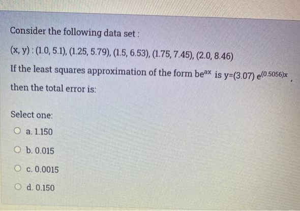 Consider the following data set:
(x, y): (1.0, 5.1), (1.25, 5.79), (1.5, 6.53), (1.75, 7.45), (2.0, 8.46)
If the least squares approximation of the form beax is y=(3.07) e(0.5056)x
then the total error is:
Select one:
O a. 1.150
O b.0.015
O c. 0.0015
O d. 0.150
