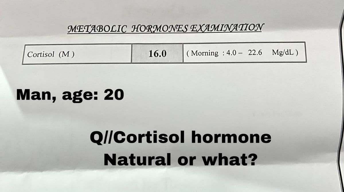 METABOLIC HORMONES EXAMINATION
Cortisol (M)
16.0
( Morning : 4.0 - 22.6 Mg/dL )
Man, age: 20
QI/Cortisol hormone
Natural or what?
