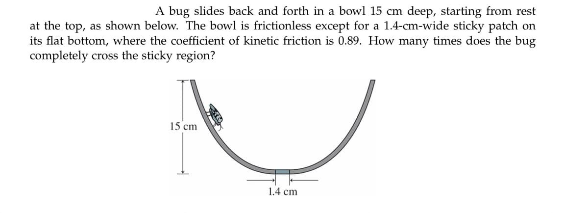 A bug slides back and forth in a bowl 15 cm deep, starting from rest
at the top, as shown below. The bowl is frictionless except for a 1.4-cm-wide sticky patch on
its flat bottom, where the coefficient of kinetic friction is 0.89. How many times does the bug
completely cross the sticky region?
15 cm
1.4 cm
