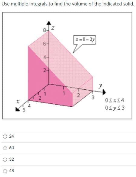 Use multiple integrals to find the volume of the indicated solid.
8- 2
z-8-2y
6-
4-
24
Osys3
24
60
32
48
2.
