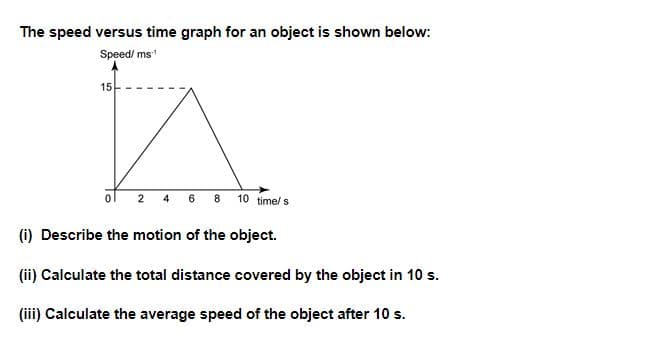 The speed versus time graph for an object is shown below:
Speed/ ms
15
2
4 6 8 10 time/ s
(i) Describe the motion of the object.
(ii) Calculate the total distance covered by the object in 10 s.
(iii) Calculate the average speed of the object after 10 s.
