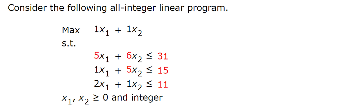 Consider the following all-integer linear program.
1x₁ + 1x₂
Max
s.t.
5x₁ + 6x₂ ≤ 31
1x₁ + 5×₂ ≤ 15
2x₁ + 1x₂ ≤ 11
1
X₁, X₂ ≥ 0 and integer