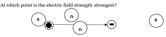 At which point is the electric field strength strongest?
B
