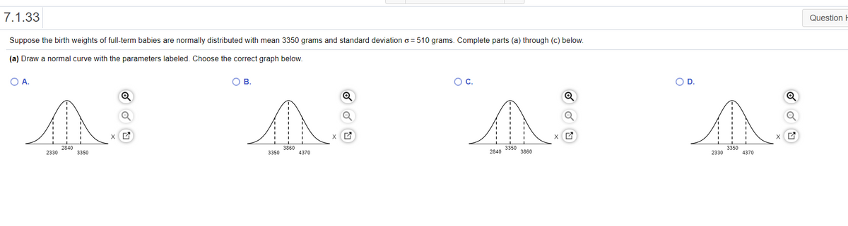 7.1.33
Question H
Suppose the birth weights of full-term babies are normally distributed with mean 3350 grams and standard deviation o = 510 grams. Complete parts (a) through (c) below.
(a) Draw a normal curve with the parameters labeled. Choose the correct graph below.
O A.
OB.
OC.
OD.
2840
3860
3350
3350
2330
3350
3350
4370
2840
3860
2330
4370
