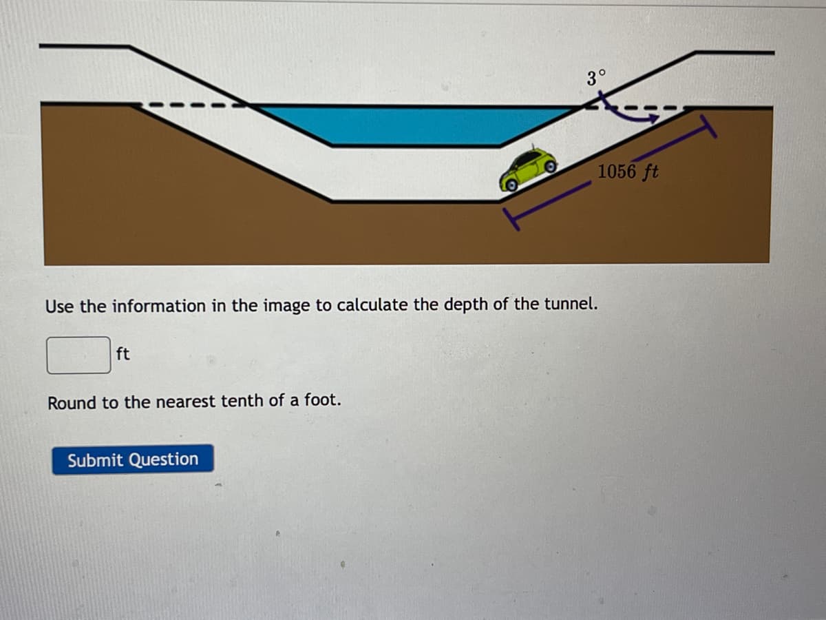 3°
1056 ft
Use the information in the image to calculate the depth of the tunnel.
ft
Round to the nearest tenth of a foot.
Submit Question
