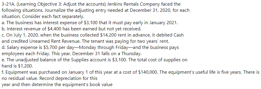 3-21A. (Learning Objective 3: Adjust the accounts) Jenkins Rentals Company faced the
following situations. Journalize the adjusting entry needed at December 31, 2020, for each
situation. Consider each fact separately.
a. The business has interest expense of $3,100 that it must pay early in January 2021.
b. Interest revenue of $4,400 has been earned but not yet received.
c. On July 1, 2020, when the business collected $14,200 rent in advance, it debited Cash
and credited Unearned Rent Revenue. The tenant was paying for two years' rent.
d. Salary expense is $5,700 per day-Monday through Friday-and the business pays
employees each Friday. This year, December 31 falls on a Thursday.
e. The unadjusted balance of the Supplies account is $3,100. The total cost of supplies on
hand is $1,200.
f. Equipment was purchased on January 1 of this year at a cost of $140,000. The equipment's useful life is five years. There is
no residual value. Record depreciation for this
year and then determine the equipment's book value
