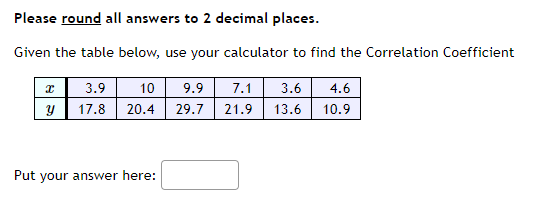 Please round all answers to 2 decimal places.
Given the table below, use your calculator to find the Correlation Coefficient
I
3.9
10
y 17.8 20.4
Put your answer here:
9.9
29.7 21.9
7.1 3.6 4.6
13.6 10.9