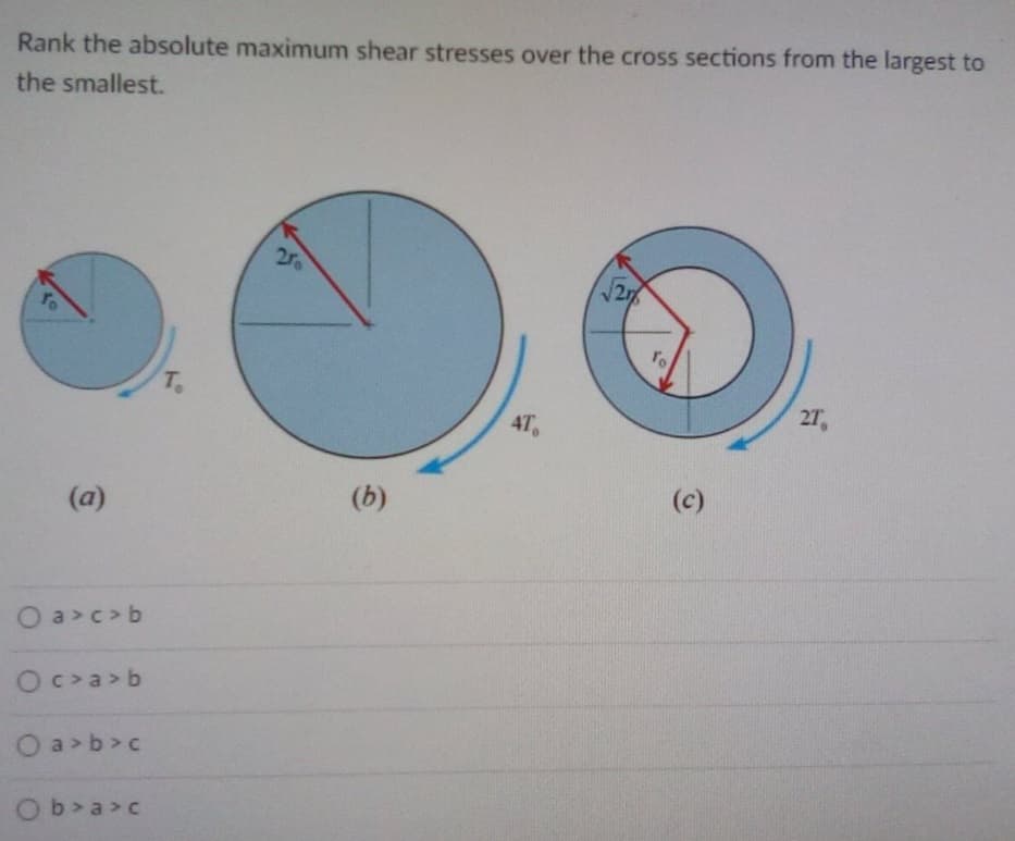 Rank the absolute maximum shear stresses over the cross sections from the largest to
the smallest.
256
fo
To
27,
To
AT.
(c)
(b)
(a)
O a>c>b
Oc>a> b
O a>b>c
Ob>a>c

