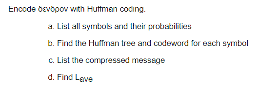 Encode õevõpov with Huffman coding.
a. List all symbols and their probabilities
b. Find the Huffman tree and codeword for each symbol
c. List the compressed message
d. Find Lave
