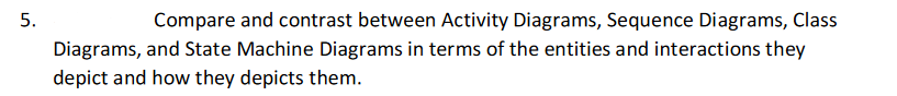 5.
Compare and contrast between Activity Diagrams, Sequence Diagrams, Class
Diagrams, and State Machine Diagrams in terms of the entities and interactions they
depict and how they depicts them.
