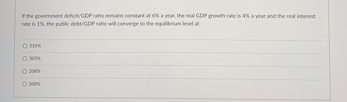 If the government deficit/GDP ratio remains constant at 6% a year, the real GDP growth rate is 4% a year and the real interest
rate is 1%, the public debt/GDP ratio will converge to the equilibrium level at
O 210%
O 305%
O 208%
O 368%
