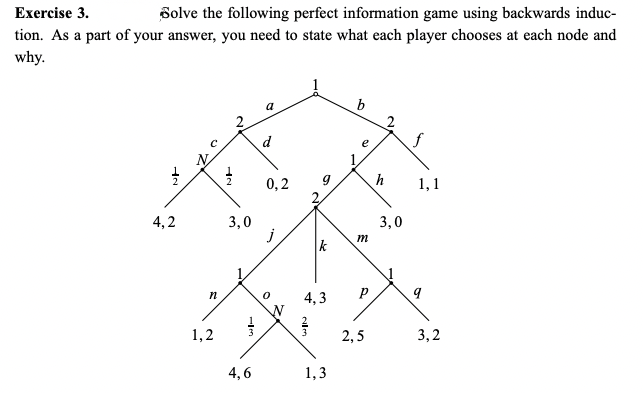 Exercise 3.
Solve the following perfect information game using backwards induc-
tion. As a part of your answer, you need to state what each player chooses at each node and
why.
b
d
e
0,2
h
1,1
3,0
3,0
j
4,2
m
4,3
1,2
2,5
3,2
4,6
1,3
2,
2.
