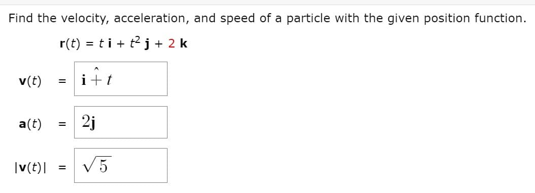 Find the velocity, acceleration, and speed of a particle with the given position function.
r(t)
= ti + t2j + 2 k
v(t)
i+t
a(t)
2j
|v(t)|
V5
