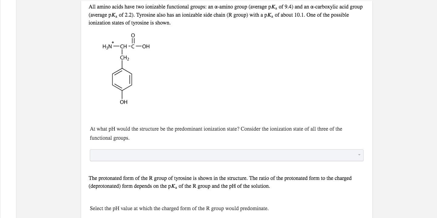 All amino acids have two ionizable functional groups: an a-amino group (average pK, of 9.4) and an a-carboxylic acid group
(average pK, of 2.2). Tyrosine also has an ionizable side chain (R group) with a pK, of about 10.1. One of the possible
ionization states of tyrosine is shown.
H3N-CH -C-OH
CH2
ÓH
At what pH would the structure be the predominant ionization state? Consider the ionization state of all three of the
functional groups.
The protonated form of the R group of tyrosine is shown in the structure. The ratio of the protonated form to the charged
(deprotonated) form depends on the pK, of the R group and the pH of the solution.
Select the pH value at which the charged form of the R group would predominate.
