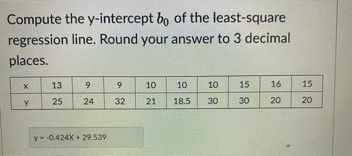 Compute the y-intercept bo of the least-square
regression line. Round your answer to 3 decimal
places.
13
6.
9.
10
10
10
15
16
15
25
24
32
21
18.5
30
30
20
20
y 0.424X+ 29.539
