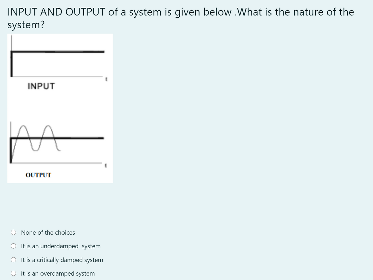 INPUT AND OUTPUT of a system is given below .What is the nature of the
system?
INPUT
OUTPUT
None of the choices
It is an underdamped system
It is a critically damped system
it is an overdamped system
