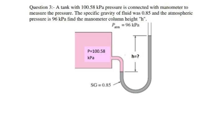 Question 3:- A tank with 100.58 kPa pressure is connected with manometer to
measure the pressure. The specific gravity of fluid was 0.85 and the atmospheric
pressure is 96 kPa find the manometer column height "h".
P = 96 kPa
P=100.58
kPa
h=?
SG = 0.85

