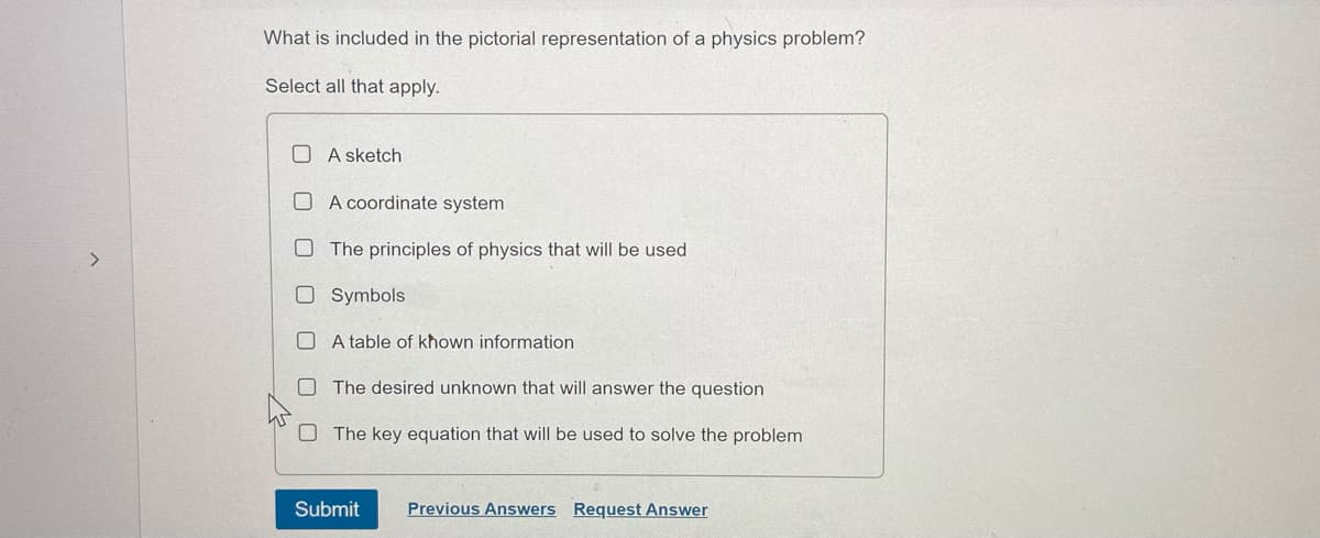 What is included in the pictorial representation of a physics problem?
Select all that apply.
O A sketch
O A coordinate system
The principles of physics that will be used
>
O Symbols
O A table of khown information
The desired unknown that will answer the question
The key equation that will be used to solve the problem
Submit
Previous Answers Request Answer
