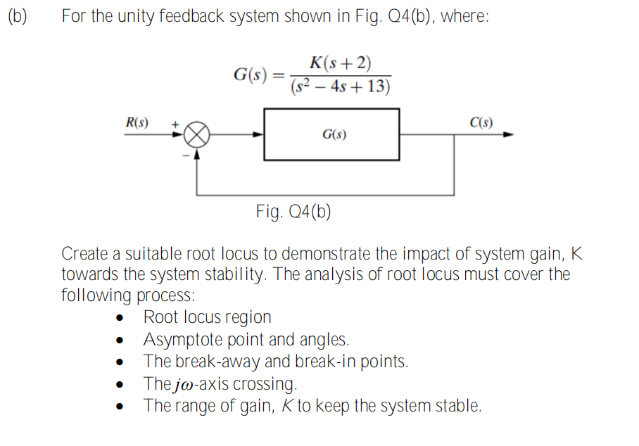 (b)
For the unity feedback system shown in Fig. Q4(b), where:
K(s+ 2)
(s² – 4s + 13)
G(s) =
R(s)
C(s)
G(s)
Fig. Q4(b)
Create a suitable root locus to demonstrate the impact of system gain, K
towards the system stability. The analysis of root locus must cover the
following process:
Root locus region
Asymptote point and angles.
The break-away and break-in points.
The jo-axis crossing.
The range of gain, K to keep the system stable.
