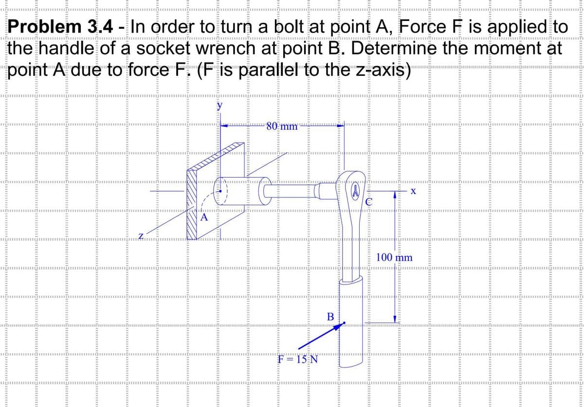 Problem 3.4 - In order to turn a bolt at point A, Force F is applied to
AT‒‒‒‒‒‒‒‒‒ ……………………………….………‒‒‒‒‒‒‒‒‒‒‒‒‒‒‒‒‒‒‒‒‒‒‒‒‒‒‒‒‒‒‒‒‒‒‒‒‒‒‒‒‒‒‒‒‒‒‒‒‒‒‒‒‒‒‒‒‒‒‒‒‒‒‒‒‒‒‒‒‒‒‒‒‒‒‒‒‒‒‒‒-t
munti
the handle of a socket wrench at point B. Determine the moment at
point A due to force F. (F is parallel to the z-axis)
N
A
80 mm
H
=
15 N
B
3
O
X
100 mm