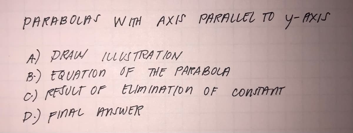 PARABOLAS W ITH AXIS PARALLEL TO Y- AXIS
A) DRAW ILUSTRATION
B-) EQUATION OF THE PAKABOLA
c) REJULT OF EUUMINATION OF consTAnT
D:) FINAL AnsWER
