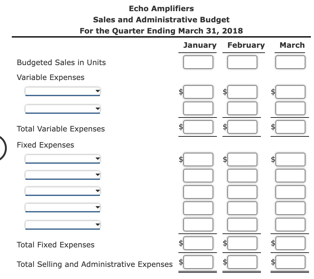 Echo Amplifiers
Sales and Administrative Budget
For the Quarter Ending March 31, 2018
January
February
March
Budgeted Sales in Units
Variable Expenses
Total Variable Expenses
Fixed Expenses
Total Fixed Expenses
Total Selling and Administrative Expenses
