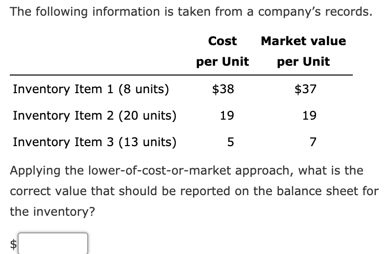 The following information is taken from a company's records.
Cost
Market value
per Unit
per Unit
Inventory Item 1 (8 units)
$38
$37
Inventory Item 2 (20 units)
19
19
Inventory Item 3 (13 units)
7
Applying the lower-of-cost-or-market approach, what is the
correct value that should be reported on the balance sheet for
the inventory?
$
%24
