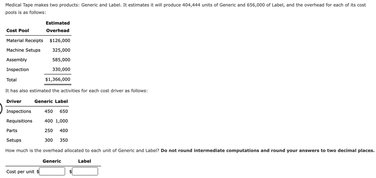 Medical Tape makes two products: Generic and Label. It estimates it will produce 404,444 units of Generic and 656,000 of Label, and the overhead for each of its cost
pools is as follows:
Estimated
Cost Pool
Overhead
Material Receipts
$126,000
Machine Setups
325,000
Assembly
585,000
Inspection
330,000
Total
$1,366,000
It has also estimated the activities for each cost driver as follows:
Driver
Generic Label
Inspections
450
650
Requisitions
400 1,000
Parts
250
400
Setups
300
350
How much is the overhead allocated to each unit of Generic and Label? Do not round intermediate computations and round your answers to two decimal places.
Generic
Label
Cost per unit $
