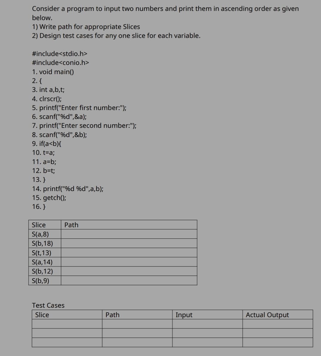 Consider a program to input two numbers and print them in ascending order as given
below.
1) Write path for appropriate Slices
2) Design test cases for any one slice for each variable.
#include<stdio.h>
#include<conio.h>
1. void main()
2. {
3. int a,b,t;
4. clrscr();
5. printf("Enter first number:");
6. scanf("%d",&a);
7. printf("Enter second number:");
8. scanf("%d",&b);
9. if(a<b){
10. t=a;
11. a=b;
12. b=t;
13. }
14. printf("%d %d",a,b);
15. getch();
16. }
Slice
Path
S(a,8)
S(b,18)
S(t,13)
S(a,14)
S(b,12)
S(b,9)
Test Cases
Slice
Path
Input
Actual Output
