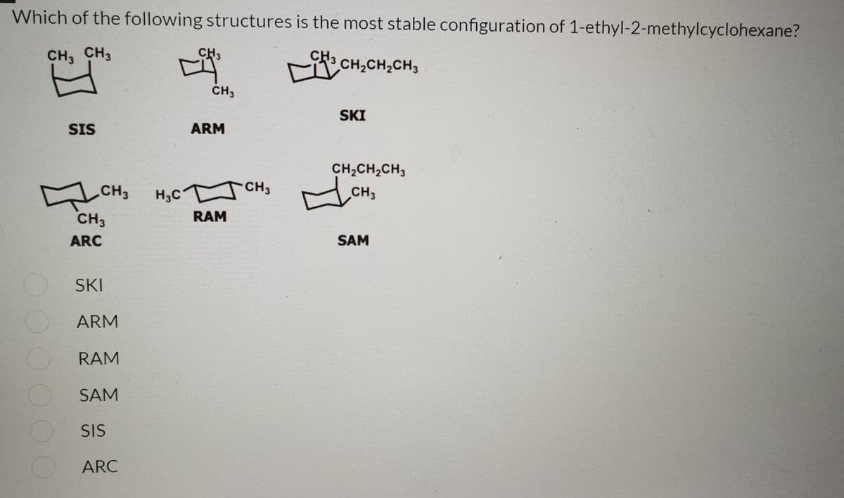 Which of the following structures is the most stable configuration of 1-ethyl-2-methylcyclohexane?
CH3 CH3
CH3
CH2CH2CH3
ČH3
SKI
SIS
ARM
CH2CH2CH,
CH3
CH3
CH3
H3CT
CH3
RAM
ARC
SAM
SKI
ARM
RAM
SAM
SIS
ARC
OOOO

