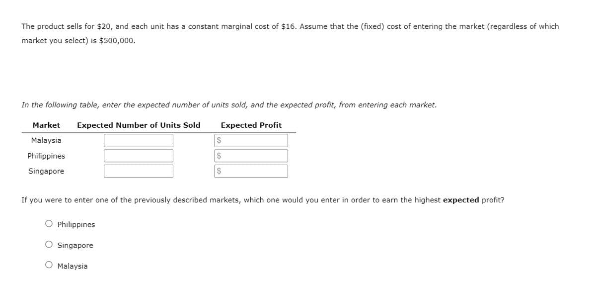 The product sells for $20, and each unit has a constant marginal cost of $16. Assume that the (fixed) cost of entering the market (regardless of which
market you select) is $500,000.
In the following table, enter the expected number of units sold, and the expected profit, from entering each market.
Market
Expected Number of Units Sold
Expected Profit
Malaysia
2$
Philippines
Singapore
If you were to enter one of the previously described markets, which one would you enter in order to earn the highest expected profit?
O Philippines
O Singapore
O Malaysia

