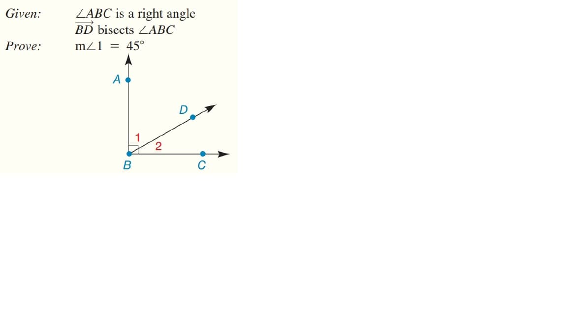 ZABC is a right angle
BD bisects ABC
Given:
Prove:
mZ1 = 45°
2
