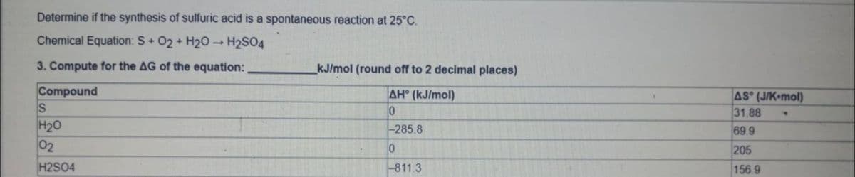 Determine if the synthesis of sulfuric acid is a spontaneous reaction at 25°C.
Chemical Equation: S+ 02 + H20 -H2SO4
3. Compute for the AG of the equation:
kJ/mol (round off to 2 decimal places)
Compound
AH (kJ/mol)
AS° (J/K•mol)
31.88
69.9
H20
02
-285.8
205
H2SO4
-811.3
156.9
