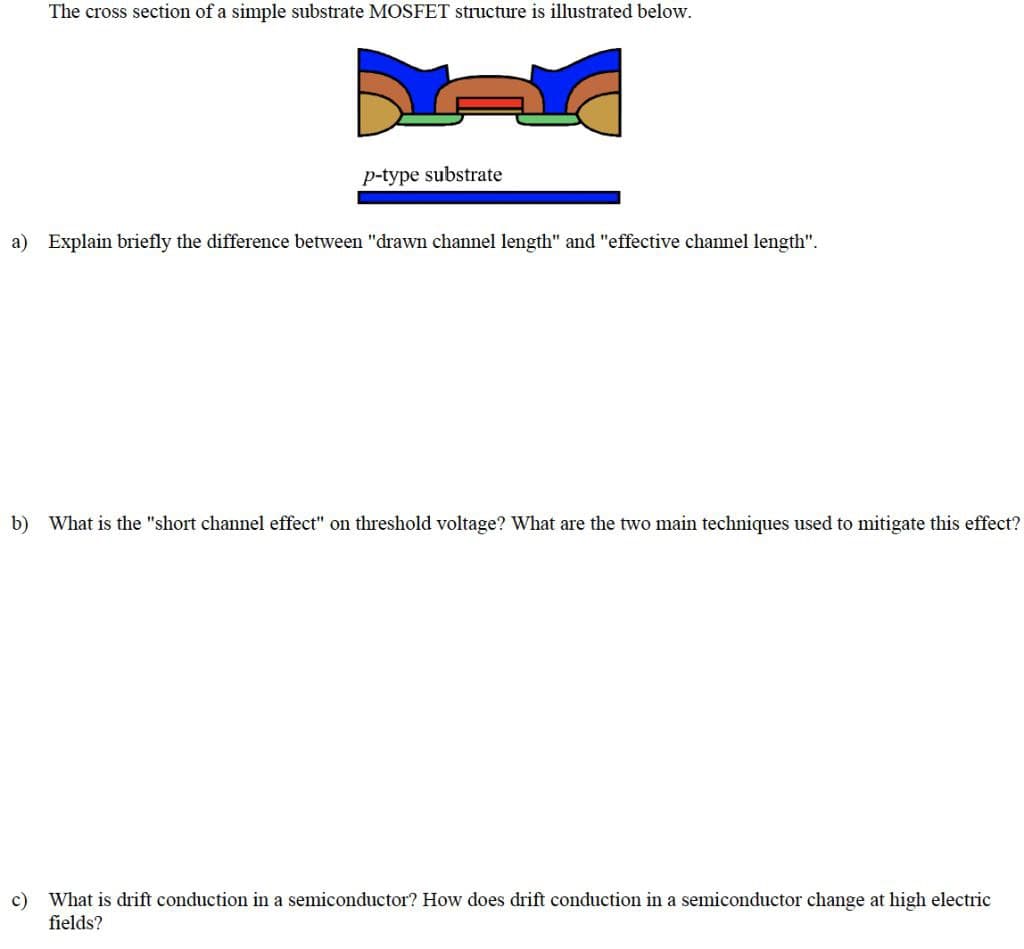 The cross section of a simple substrate MOSFET structure is illustrated below.
p-type substrate
a) Explain briefly the difference between "drawn channel length" and "effective channel length".
b) What is the "short channel effect" on threshold voltage? What are the two main techniques used to mitigate this effect?
c) What is drift conduction in a semiconductor? How does drift conduction in a semiconductor change at high electric
fields?
