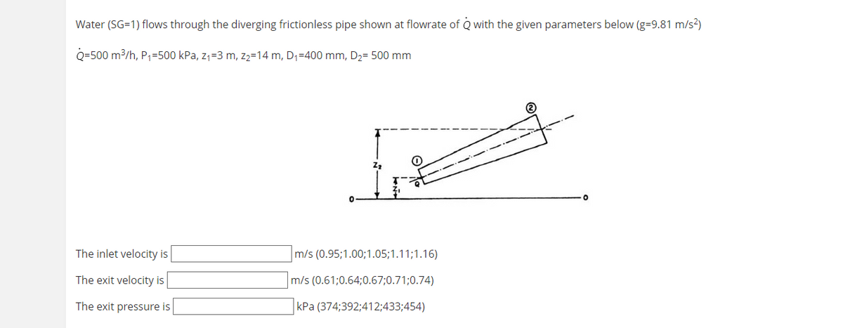 Water (SG=1) flows through the diverging frictionless pipe shown at flowrate of Q with the given parameters below (g=9.81 m/s?)
Q=500 m³/h, P1=500 kPa, z1=3 m, Z2=14 m, D1=400 mm, D2= 500 mm
The inlet velocity is
m/s (0.95;1.00;1.05;1.11;1.16)
The exit velocity is
m/s (0.61;0.64;0.67;0.71;0.74)
The exit pressure is
kPa (374;392;412;433;454)
