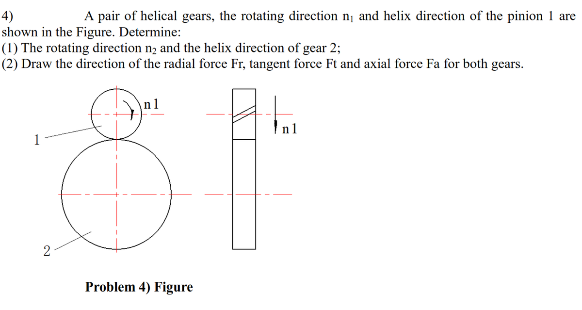 A pair of helical gears, the rotating direction n¡ and helix direction of the pinion 1 are
4)
shown in the Figure. Determine:
(1) The rotating direction n2 and the helix direction of gear 2;
(2) Draw the direction of the radial force Fr, tangent force Ft and axial force Fa for both gears.
n 1
n 1
1
2
Problem 4) Figure
