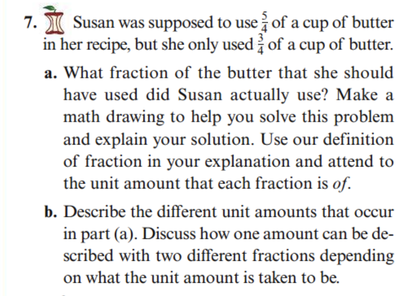 7.
Susan was supposed to use of a cup of butter
in her recipe, but she only used of a cup of butter.
a. What fraction of the butter that she should
have used did Susan actually use? Make a
math drawing to help you solve this problem
and explain your solution. Use our definition
of fraction in your explanation and attend to
the unit amount that each fraction is of.
b. Describe the different unit amounts that occur
in part (a). Discuss how one amount can be de-
scribed with two different fractions depending
on what the unit amount is taken to be.