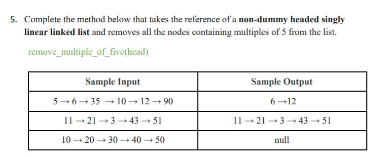 5. Complete the method below that takes the reference of a non-dummy headed singly
linear linked list and removes all the nodes containing multiples of 5 from the list.
remove_multiple_of_five(head)
Sample Input
Sample Output
5 → 6 → 35
10 – 12 → 90
6 →12
11 – 21 – 3 → 43 → 51
11 – 21 → 3 –→ 43 → 51
10 → 20 → 30 → 40 → 50
null
