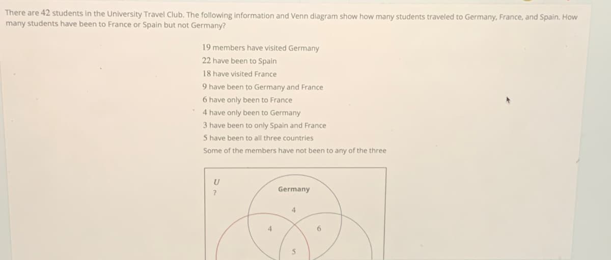 There are 42 students in the University Travel Club. The following information and Venn diagram show how many students traveled to Germany, France, and Spain. How
many students have been to France or Spain but not Germany?
19 members have visited Germany
22 have been to Spain
18 have visited France
9 have been to Germany and France
6 have only been to France
4 have only been to Germany
3 have been to only Spain and France
5 have been to all three countries
Some of the members have not been to any of the three
U
Germany
4
4.
6.
