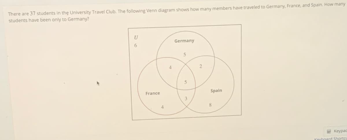 There are 37 students in the University Travel Club. The following Venn diagram shows how many members have traveled to Germany, France, and Spain. How many
students have been only to Germany?
U
Germany
6.
France
Spain
3.
4
8.
E Keypad
Kevhoard Shortc
4-
