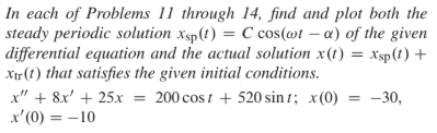 In each of Problems 11 through 14, find and plot both the
steady periodic solution xsp(t) = C cos(@t – a) of the given
| differential equation and the actual solution x(t) = xsp (t) +
Xtr(1) that satisfies the given initial conditions.
x" + 8x' + 25.x
x'(0) = -10
200 cos t + 520 sin 1; x(0)
= -30,
