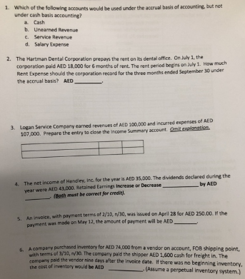 1. Which of the following accounts would be used under the accrual basis of accounting, but not
under cash basis accounting?
a Cash
b. Unearned Revenue
c. Service Revenue
d. Salary Expense
2. The Hartman Dental Corporation prepays the rent on Its dental office. On July 1, the
corporation paid AED 18,000 for 6 months of rent. The rent period begins on July 1. How much
Rent Expense should the corporation record for the three months ended September 30 under
the accrual basis? AED
3. Logan Service Company earned revenues of AED 100,000 and incurred expenses of AED
107,000. Prepare the entry to close the income Summary account. Omit explanation
4. The net income of Hendley, Inc. for the yer is AED 35,000. The dividends declared during the
by AED
year were AED 43,000. Retained Earnings increase or Decrease
(Both must be correct for creditr).
5. An invoice, with payment terms of 2/10, r/30, was issued on April 28 for AED 250.00. If the
payment was made on May 12, the amount of payment will be AED
A company purchased inventory for AED 74,000 from a vendor on account, FOB shipping point,
with terms of 3/10, n/30. The company paid the shipper ALD 1,600 cash for freight in. The
company paid the vendor nine days after the invoice date. If there was no beginning inventory,
the cost of inventory would be AED
-(Assume a perpetual inventory system.)
