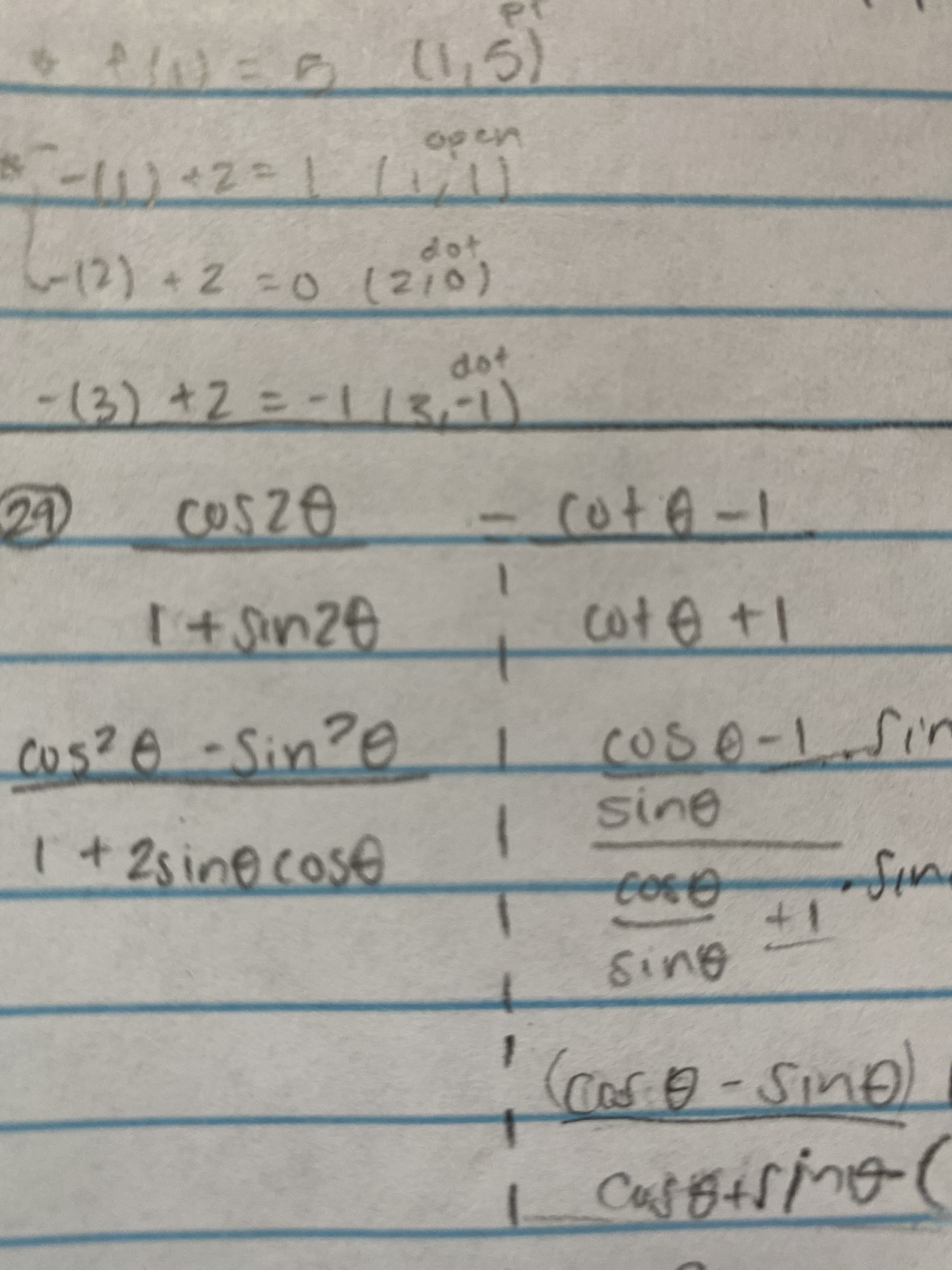 621UEB 1,5)
s-):2=11U
open
dot
12)+2=0 (210)
dot
-(3) +2=-113-1)
2)
cosze
cote-1
14Sinze
cote +1
Cos? 6-Sin?e
cose-1Sin
sine
1+2sinecose
+1
Sine
1
(cnso -Sino)
Cof 0
