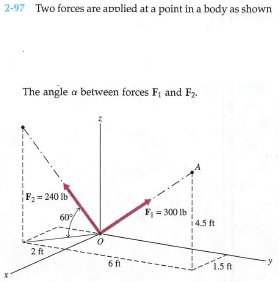 2-97 Two forces are applied at a point in a body as shown
The angle a between forces F, and F,
F2=240 lb
F = 300 lb
14.5 ft
607
2 ft
6ft
1.5R
