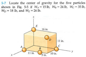 5-7 Locate the center of gravity for the five particles
shown in Fig. 5-5 if WA- 15 lb, Wg = 24 lb, We = 35 lb,
Wp = 18 Ib, and WE = 26 Ib.
16 in.
Op
11 in.
B
11 in.
10 in.
"S in.
