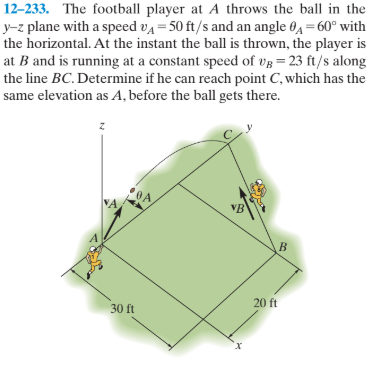 12-233. The football player at A throws the ball in the
y-z plane with a speed va = 50 ft/s and an angle 04 =60° with
the horizontal. At the instant the ball is thrown, the player is
at B and is running at a constant speed of vg=23 ft/s along
the line BC. Determine if he can reach point C, which has the
same elevation as A, before the ball gets there.
OA
VB
B.
20 ft
30 ft
X.
