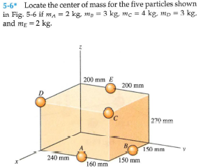 5-6 Locate the center of mass for the five particles shown
in Fig. 5-6 if mA = 2 kg, mp = 3 kg, mc = 4 kg, mp=3 kg.
and mg =2 kg.
200 mm E
200 mm
Oc
270 mm
150 mm
240 mm
150 mm
160 mm
