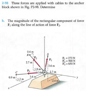 2-98 Three forces are applied with cables to the anchor
block shown in Fig. P2-98. Determine
b. The magnitude of the rectangular component of force
F, along the line of action of force F2.
0.6 m
F = 272 N
F- 500 N
Fj= 650 N
F1
2.7 m
13.6 m
1.8 m
F3
2.7 m
3,6 m
0.9 m
1.2 m
m
