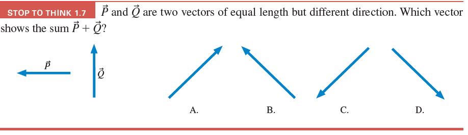 STOP TO THINK 1.7
P and O are two vectors of equal length but different direction. Which vector
shows the sum P + Q?
A.
В.
C.
D.
